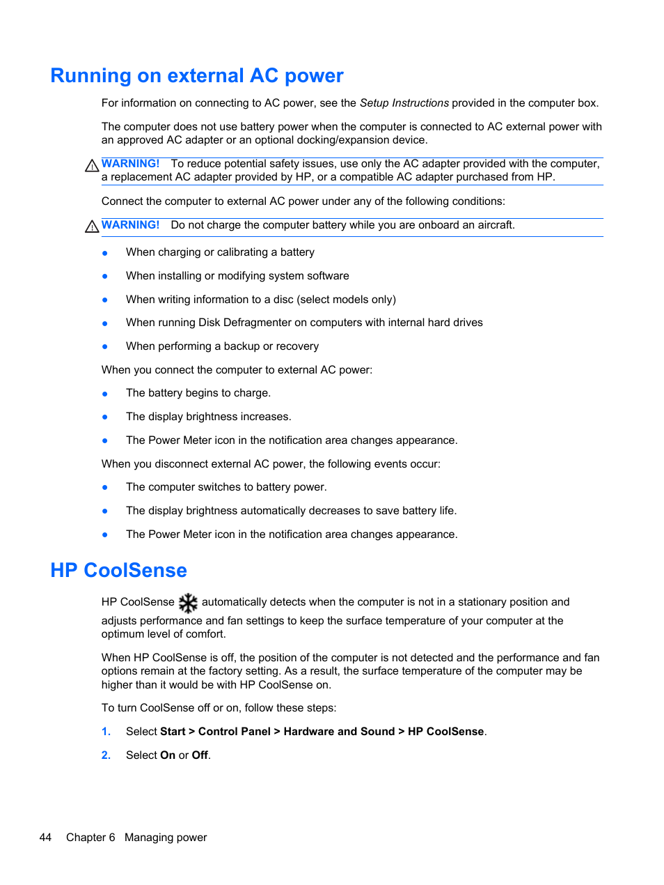 Running on external ac power, Hp coolsense, Running on external ac power hp coolsense | HP Pavilion dv4-5110us Entertainment Notebook PC User Manual | Page 54 / 105