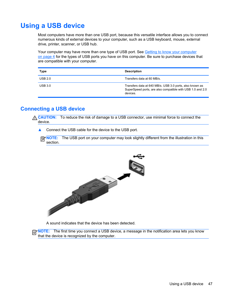 Using a usb device, Connecting a usb device | HP Pavilion dv4-5110us Entertainment Notebook PC User Manual | Page 57 / 105