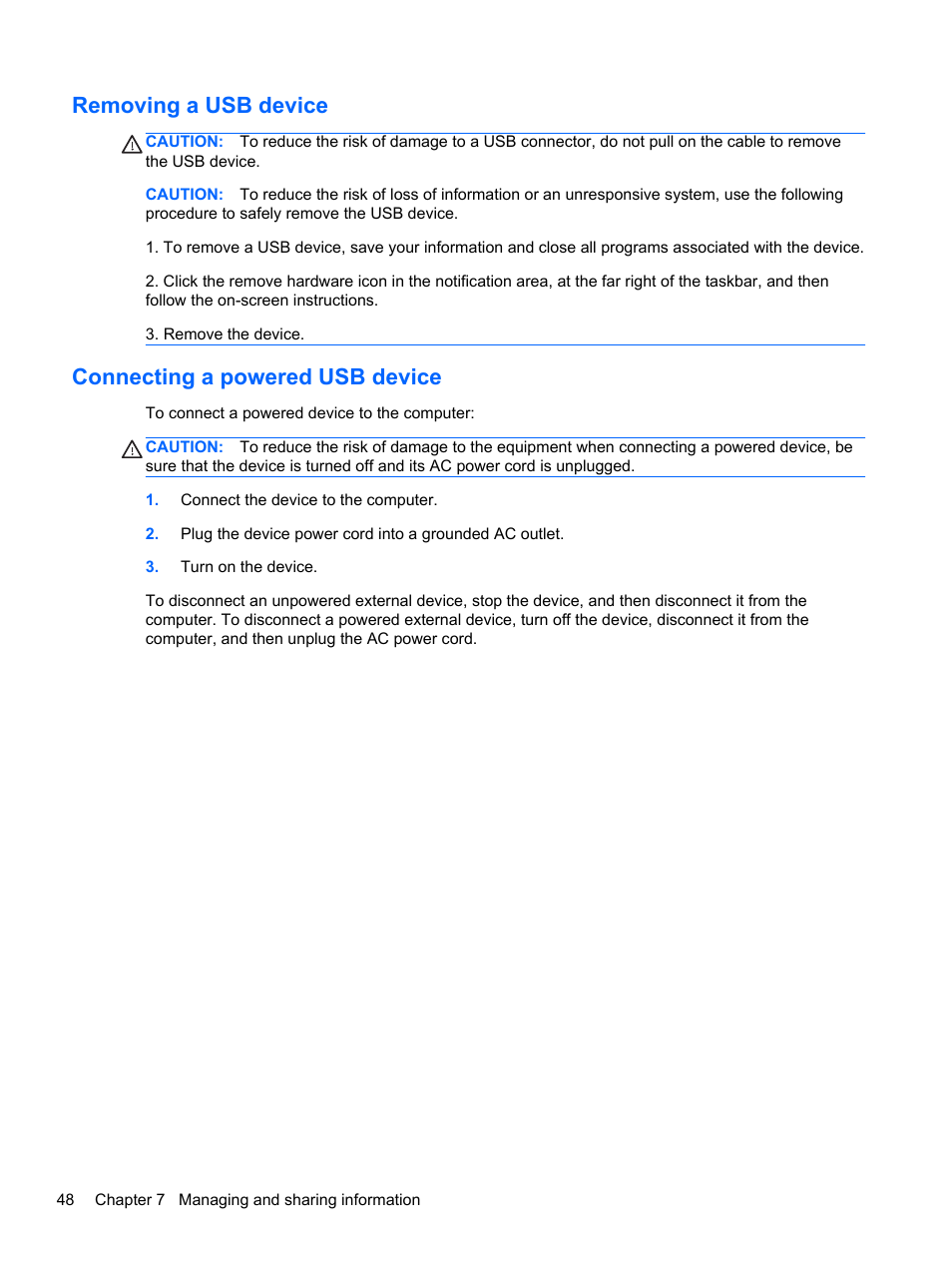 Removing a usb device, Connecting a powered usb device | HP Pavilion dv4-5110us Entertainment Notebook PC User Manual | Page 58 / 105