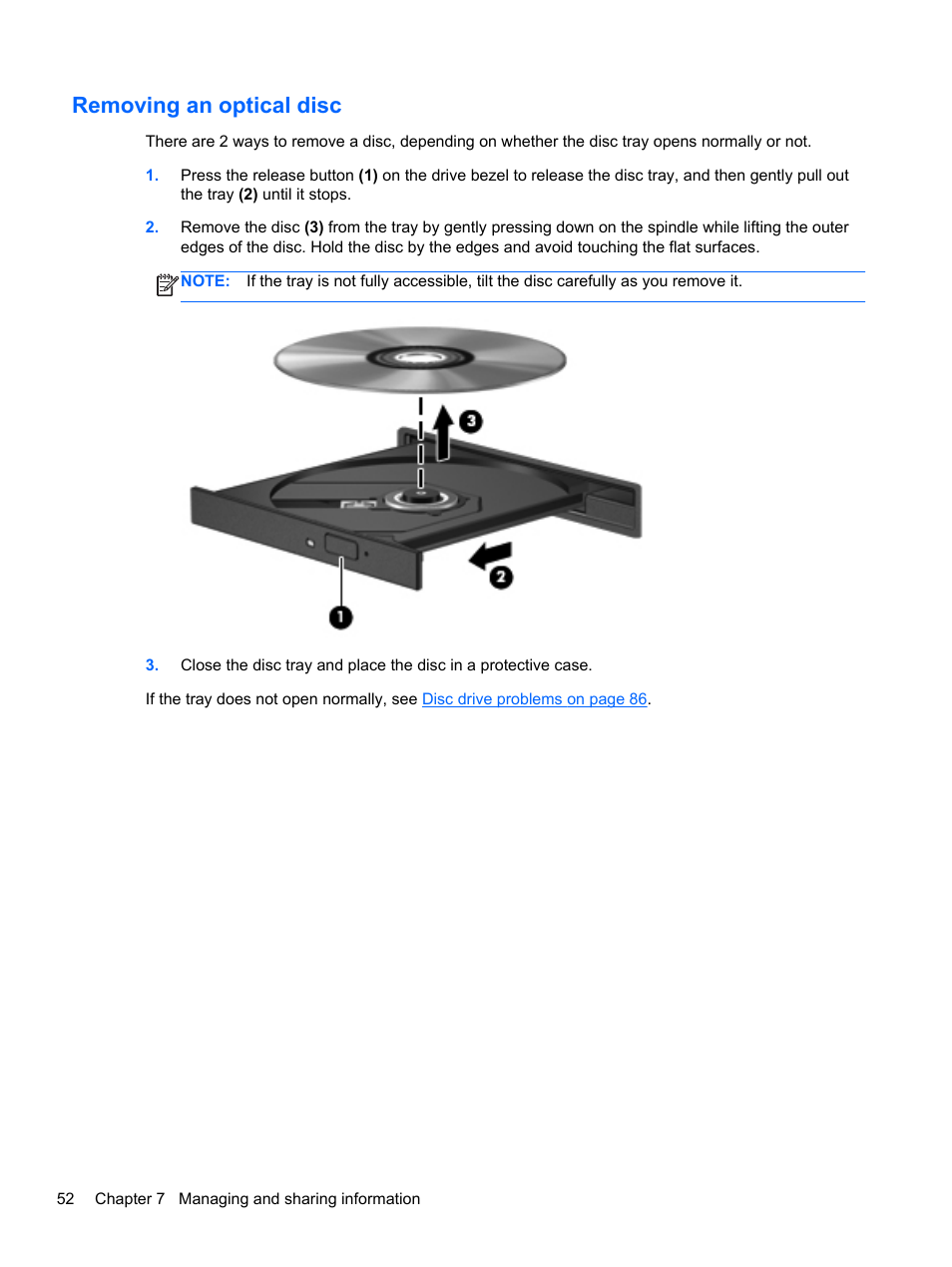 Removing an optical disc | HP Pavilion dv4-5110us Entertainment Notebook PC User Manual | Page 62 / 105