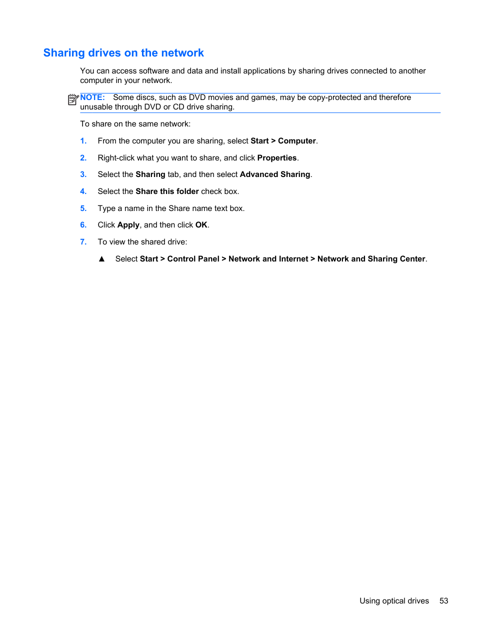 Sharing drives on the network | HP Pavilion dv4-5110us Entertainment Notebook PC User Manual | Page 63 / 105