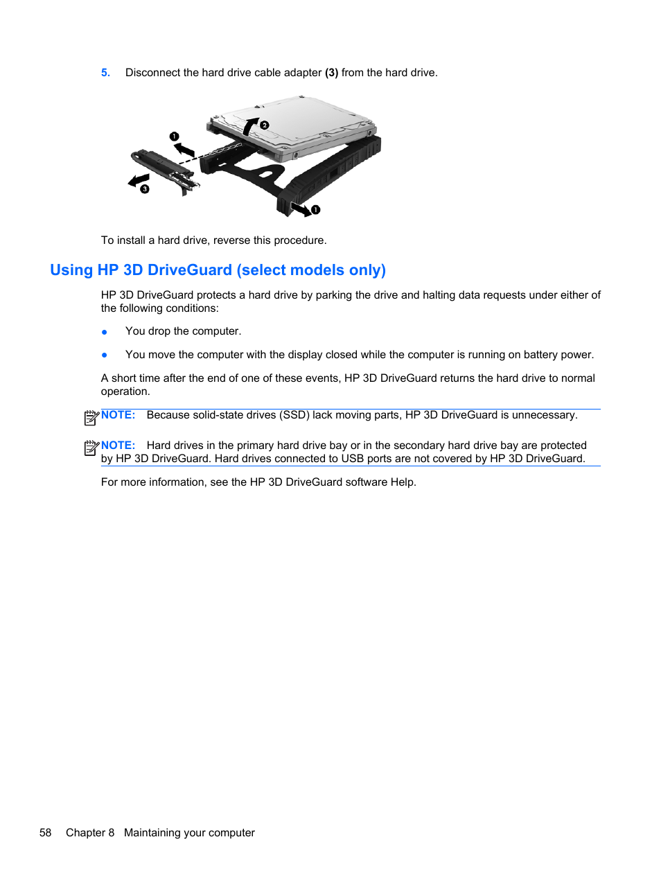 Using hp 3d driveguard (select models only) | HP Pavilion dv4-5110us Entertainment Notebook PC User Manual | Page 68 / 105