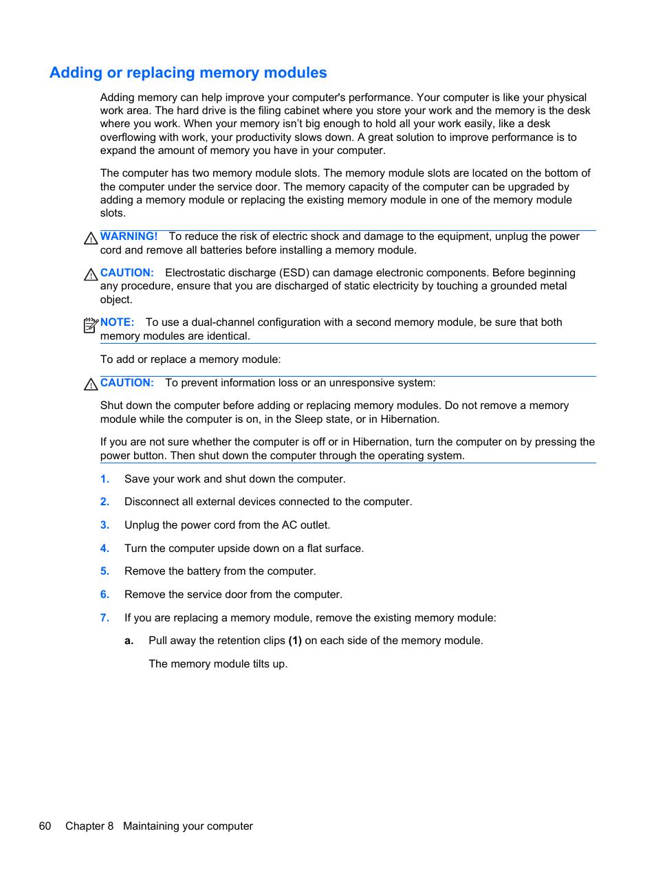 Adding or replacing memory modules | HP Pavilion dv4-5110us Entertainment Notebook PC User Manual | Page 70 / 105