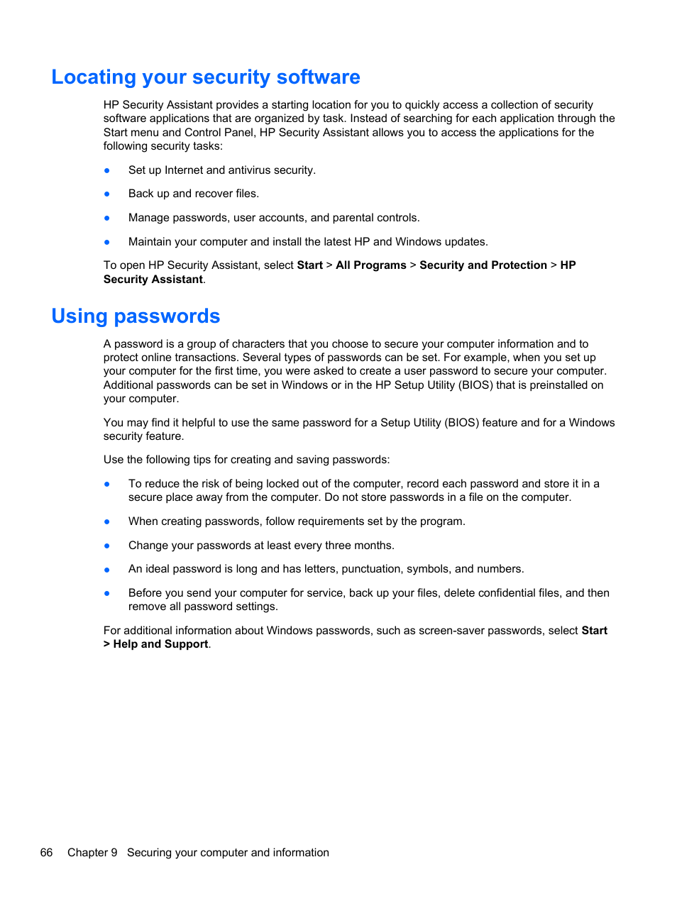Locating your security software, Using passwords | HP Pavilion dv4-5110us Entertainment Notebook PC User Manual | Page 76 / 105