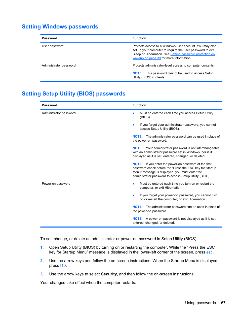 Setting windows passwords, Setting setup utility (bios) passwords | HP Pavilion dv4-5110us Entertainment Notebook PC User Manual | Page 77 / 105