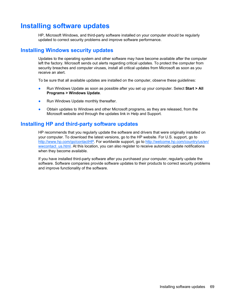 Installing software updates, Installing windows security updates, Installing hp and third-party software updates | HP Pavilion dv4-5110us Entertainment Notebook PC User Manual | Page 79 / 105