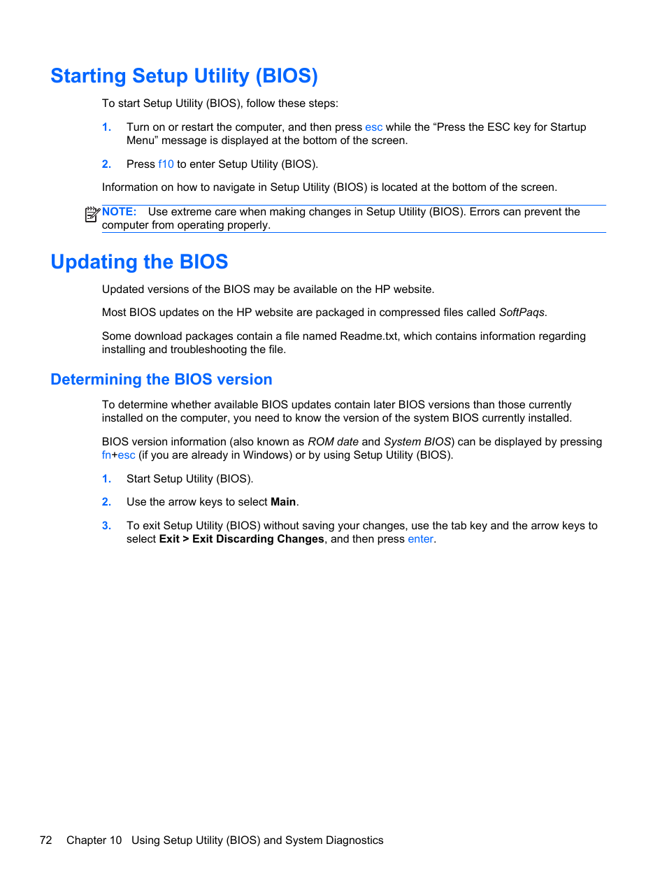 Starting setup utility (bios), Updating the bios, Determining the bios version | Starting setup utility (bios) updating the bios | HP Pavilion dv4-5110us Entertainment Notebook PC User Manual | Page 82 / 105