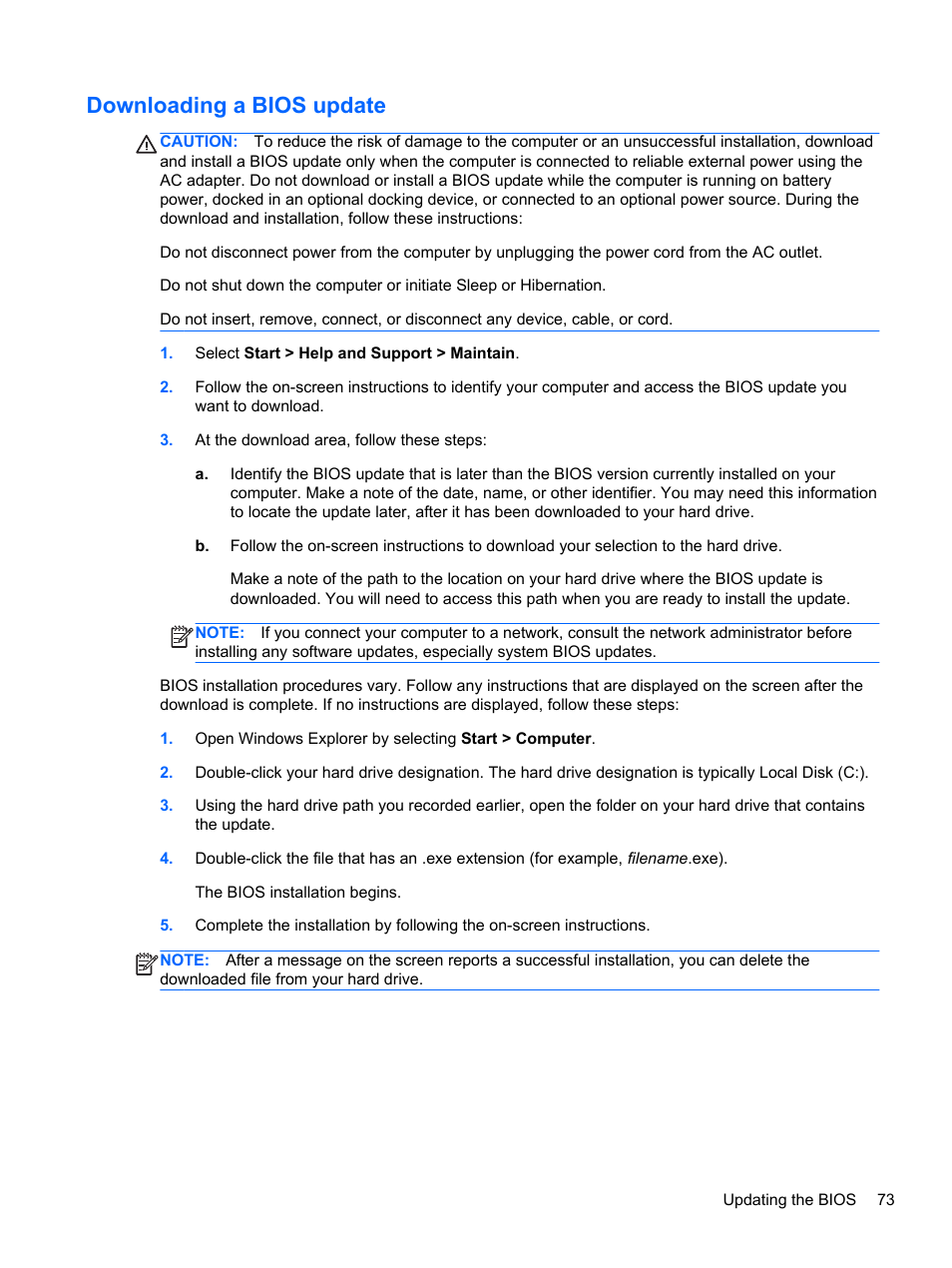 Downloading a bios update | HP Pavilion dv4-5110us Entertainment Notebook PC User Manual | Page 83 / 105