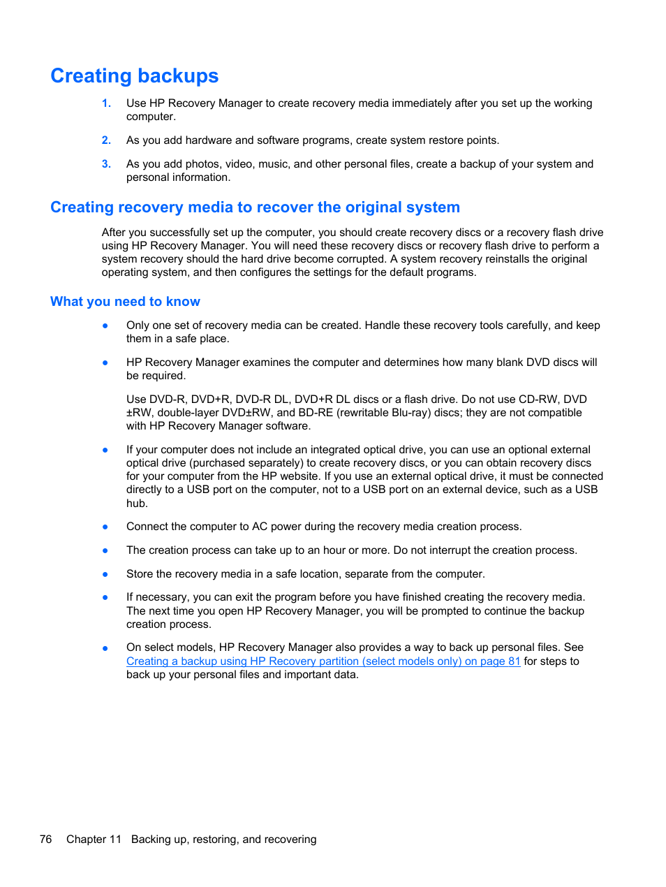 Creating backups, What you need to know | HP Pavilion dv4-5110us Entertainment Notebook PC User Manual | Page 86 / 105
