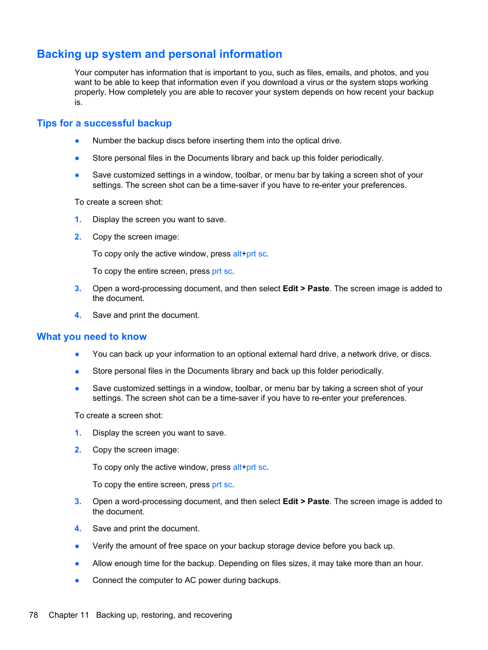 Backing up system and personal information, Tips for a successful backup, What you need to know | Tips for a successful backup what you need to know | HP Pavilion dv4-5110us Entertainment Notebook PC User Manual | Page 88 / 105