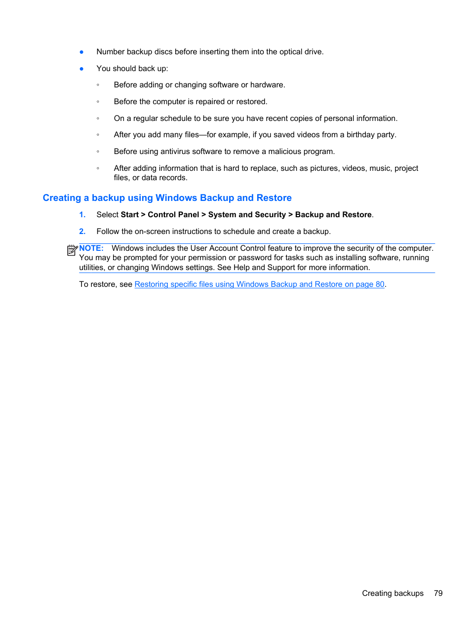Creating a backup using windows backup and restore | HP Pavilion dv4-5110us Entertainment Notebook PC User Manual | Page 89 / 105
