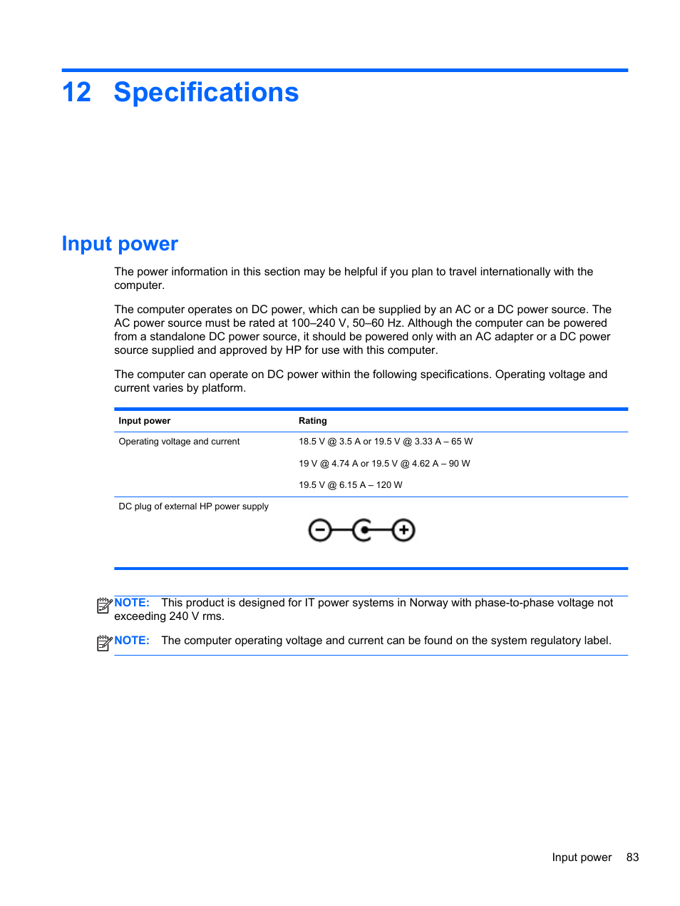 Specifications, Input power, 12 specifications | HP Pavilion dv4-5110us Entertainment Notebook PC User Manual | Page 93 / 105