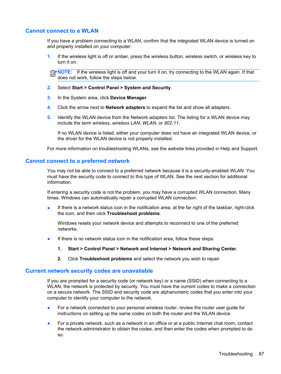 Cannot connect to a wlan, Cannot connect to a preferred network, Current network security codes are unavailable | HP Pavilion dv4-5110us Entertainment Notebook PC User Manual | Page 97 / 105
