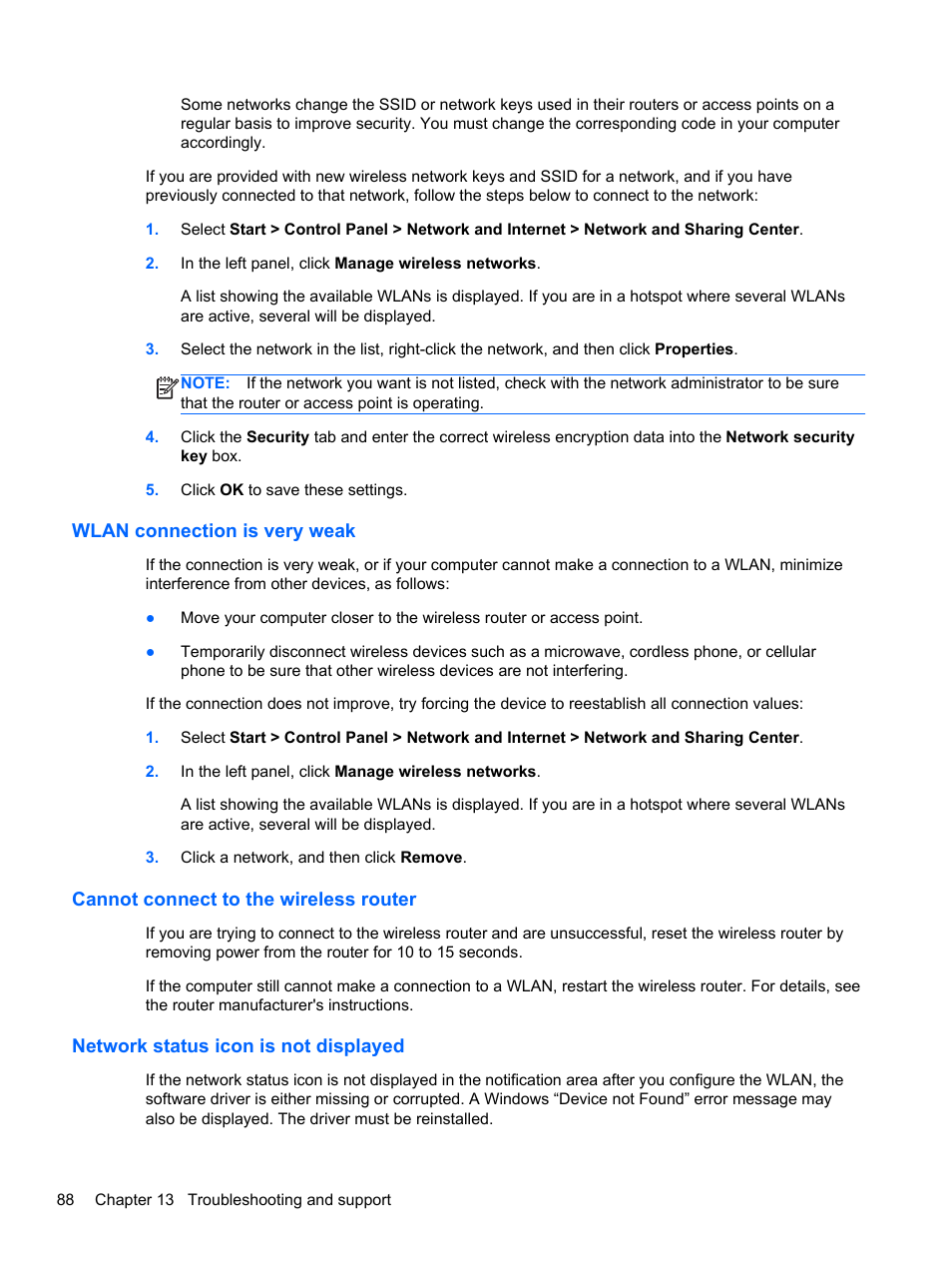 Wlan connection is very weak, Cannot connect to the wireless router, Network status icon is not displayed | HP Pavilion dv4-5110us Entertainment Notebook PC User Manual | Page 98 / 105