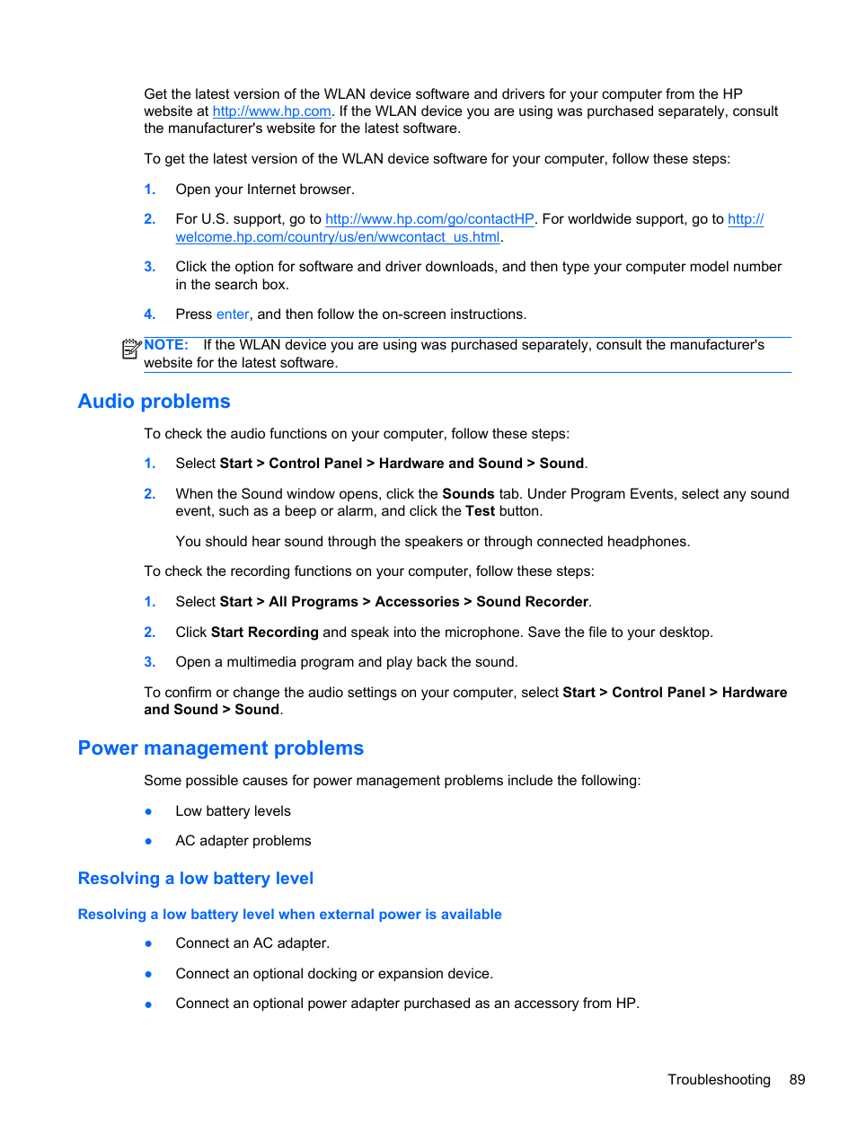 Audio problems, Power management problems, Resolving a low battery level | Audio problems power management problems | HP Pavilion dv4-5110us Entertainment Notebook PC User Manual | Page 99 / 105