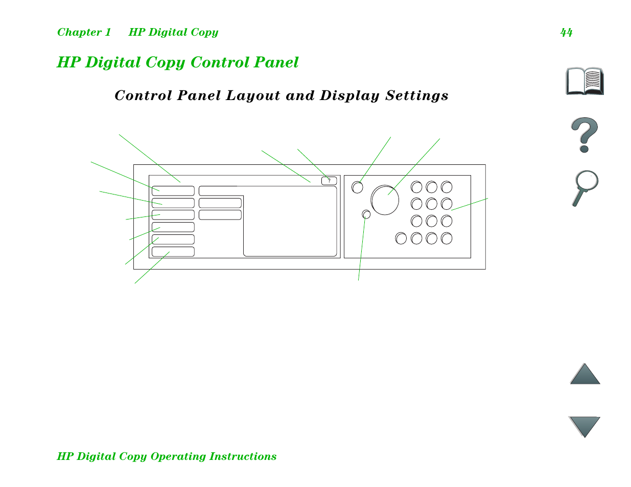 Hp digital copy control panel, Control panel layout and display settings | HP LaserJet 8100 Multifunction Printer series User Manual | Page 44 / 88