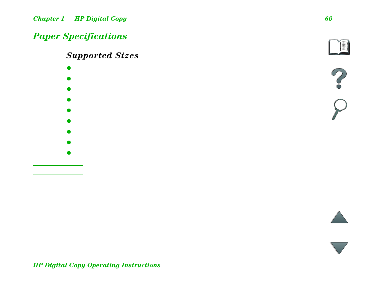 Paper specifications, Supported sizes | HP LaserJet 8100 Multifunction Printer series User Manual | Page 66 / 88