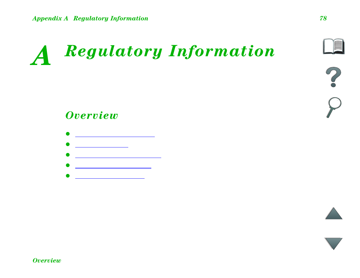 Regulatory information, Overview, Appendix a regulatory information | HP LaserJet 8100 Multifunction Printer series User Manual | Page 78 / 88