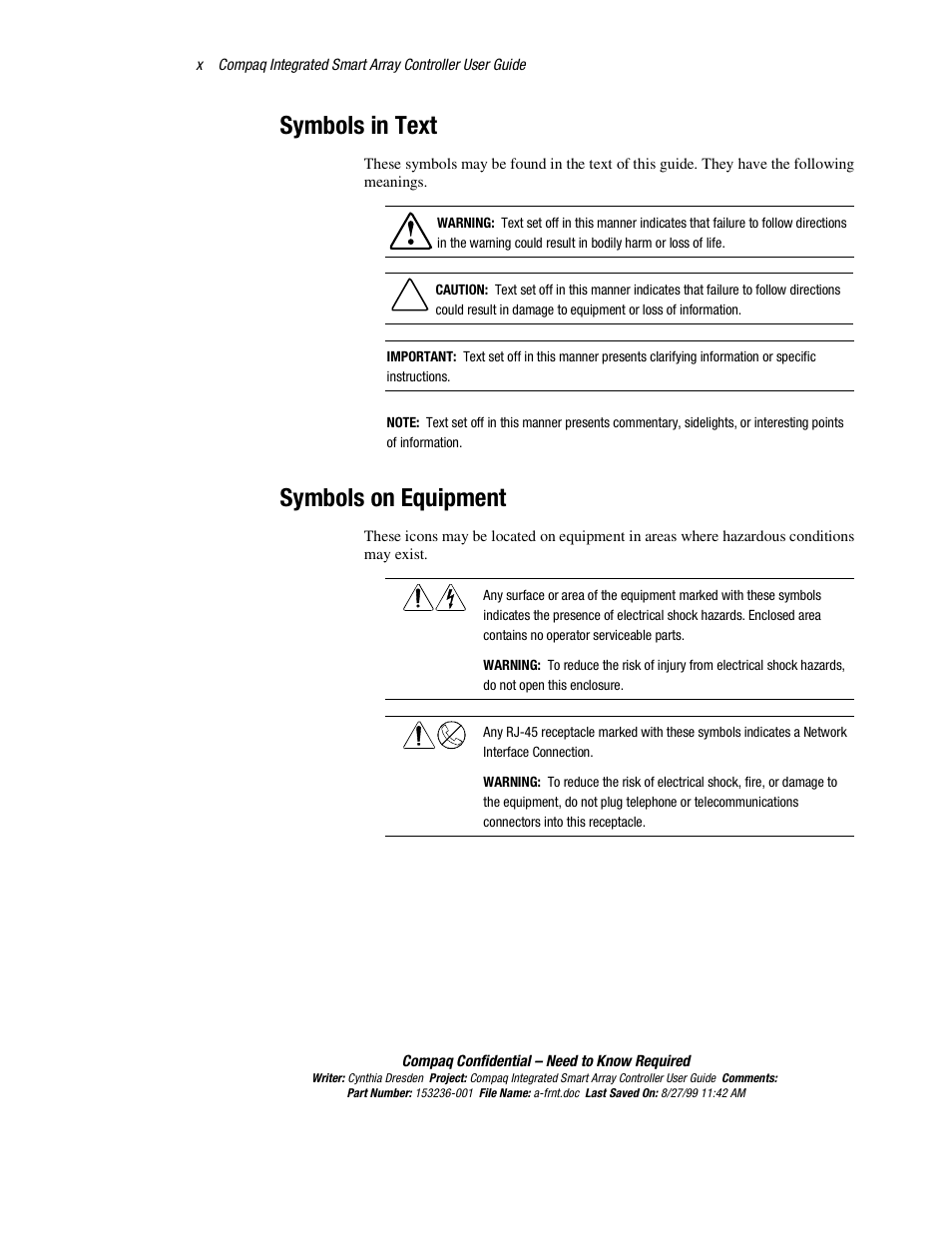 Symbols in text, Symbols on equipment | HP Compaq Integrated Smart Array Controller User Manual | Page 10 / 147