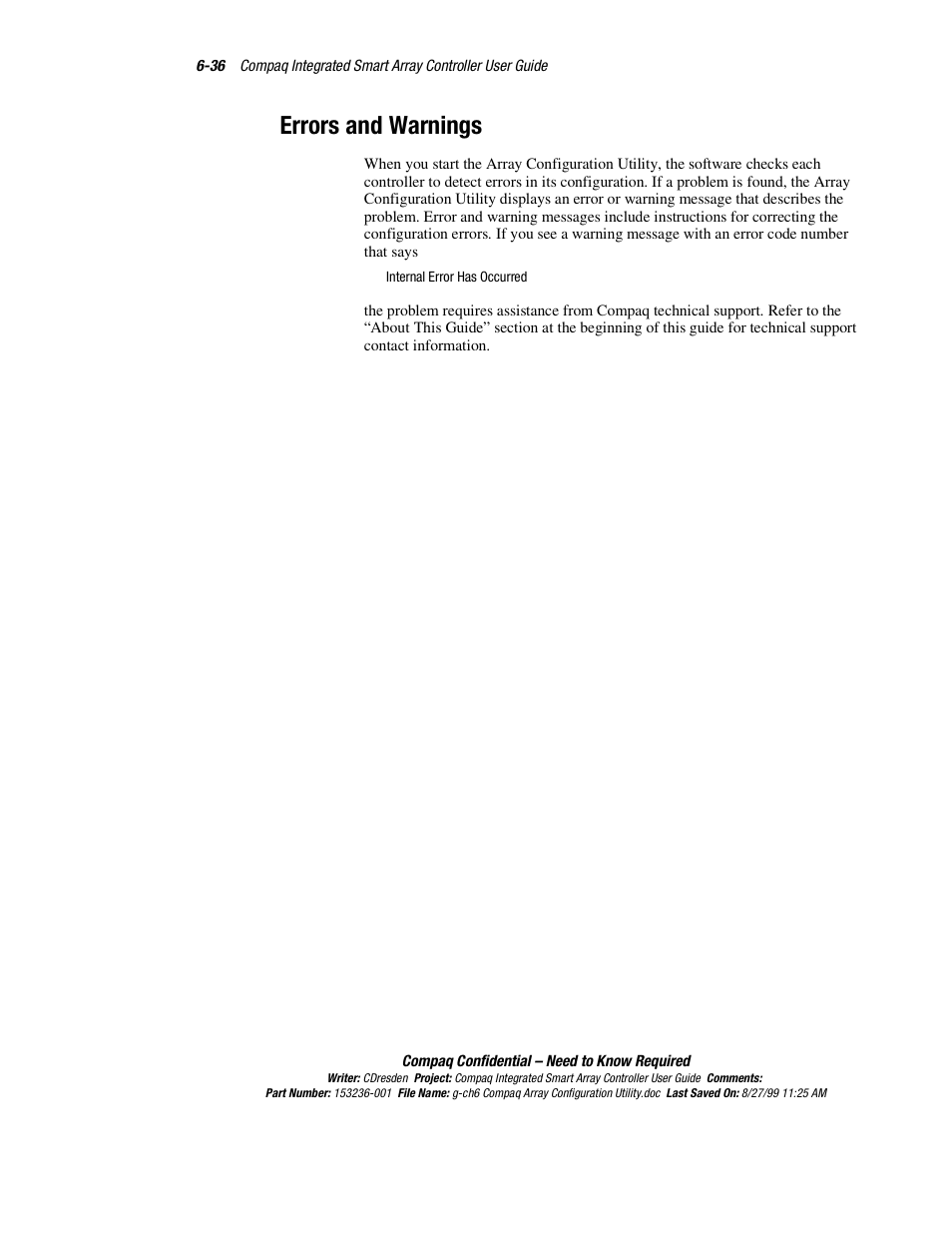 Errors and warnings, Errors and warnings -36 | HP Compaq Integrated Smart Array Controller User Manual | Page 104 / 147