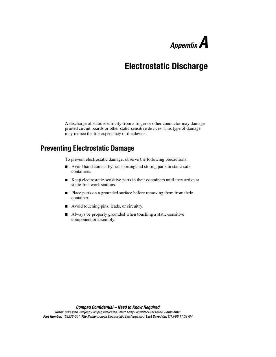 Appendix a electrostatic discharge, Preventing electrostatic damage, Appendix a | Electrostatic discharge, Appendix | HP Compaq Integrated Smart Array Controller User Manual | Page 105 / 147