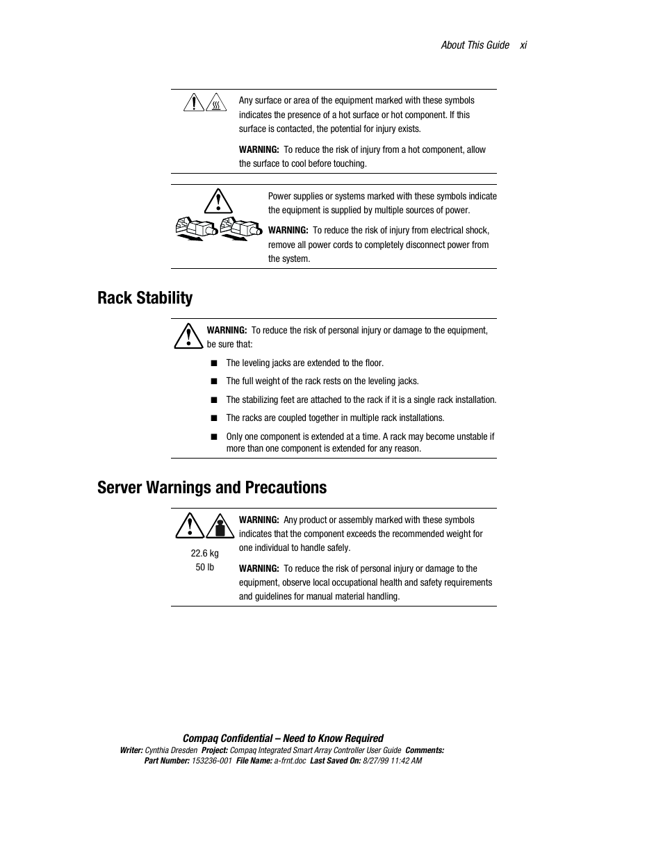 Rack stability, Server warnings and precautions | HP Compaq Integrated Smart Array Controller User Manual | Page 11 / 147