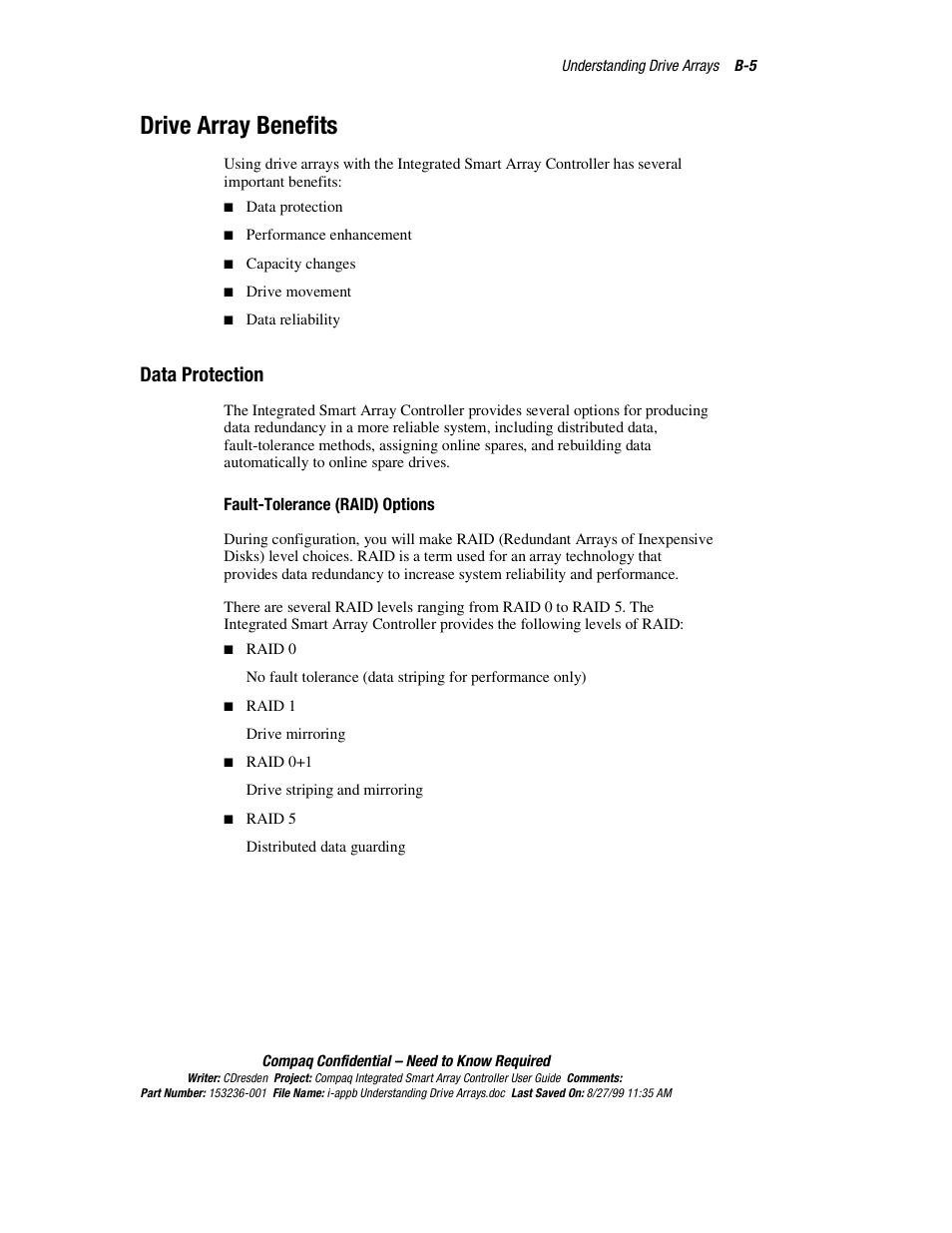 Drive array benefits, Data protection | HP Compaq Integrated Smart Array Controller User Manual | Page 111 / 147
