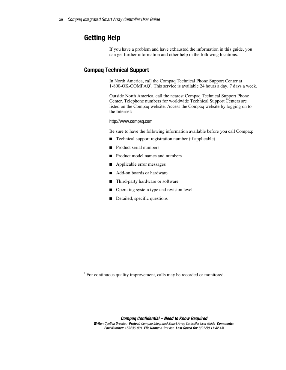 Getting help, Compaq technical support | HP Compaq Integrated Smart Array Controller User Manual | Page 12 / 147