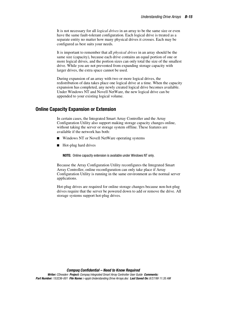 Online capacity expansion or extension | HP Compaq Integrated Smart Array Controller User Manual | Page 121 / 147