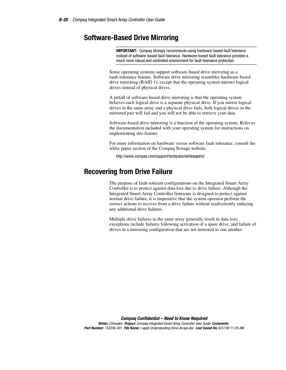 Software-based drive mirroring, Recovering from drive failure | HP Compaq Integrated Smart Array Controller User Manual | Page 126 / 147