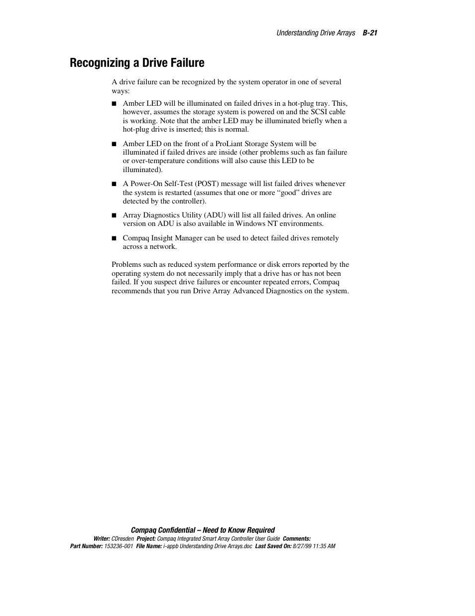 Recognizing a drive failure | HP Compaq Integrated Smart Array Controller User Manual | Page 127 / 147