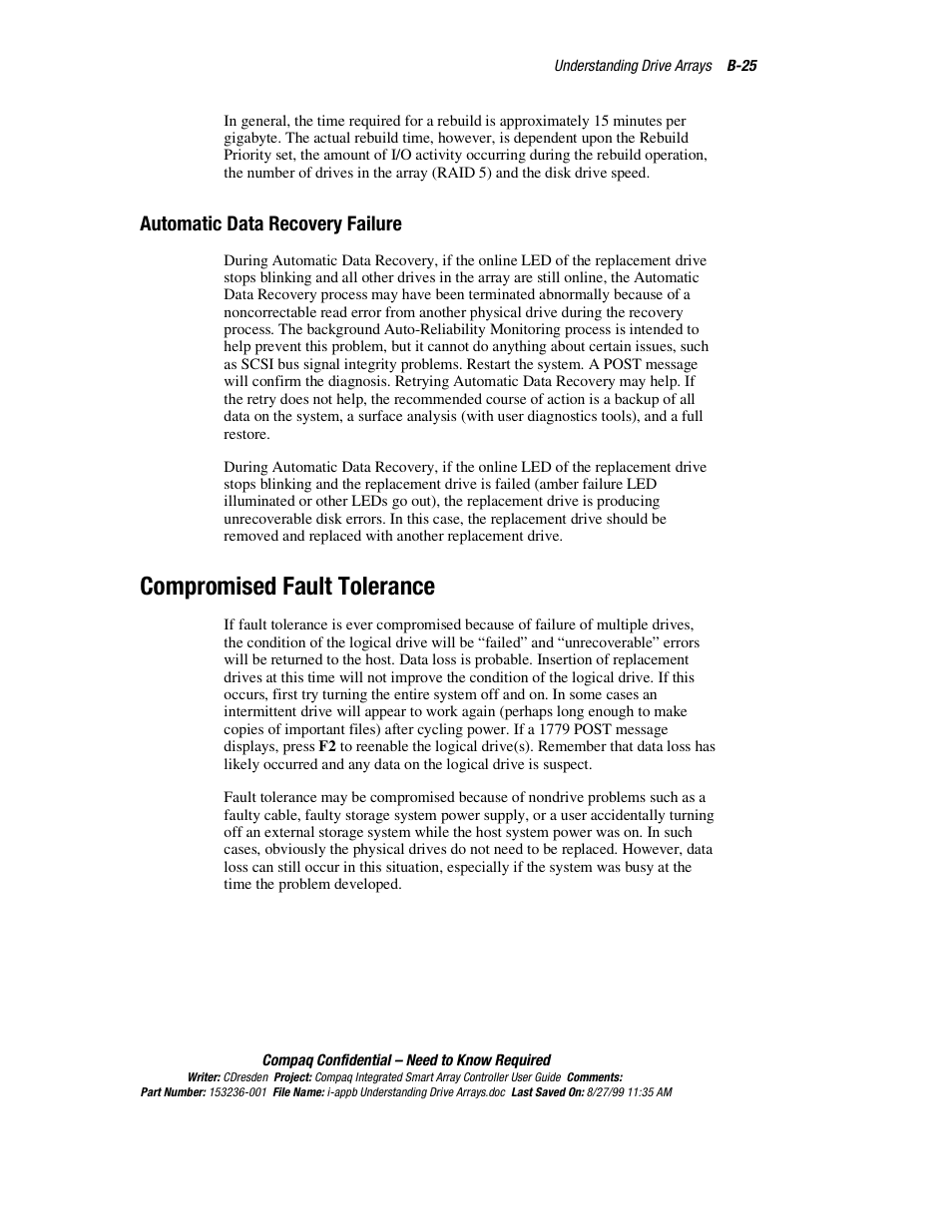 Automatic data recovery failure, Compromised fault tolerance | HP Compaq Integrated Smart Array Controller User Manual | Page 131 / 147
