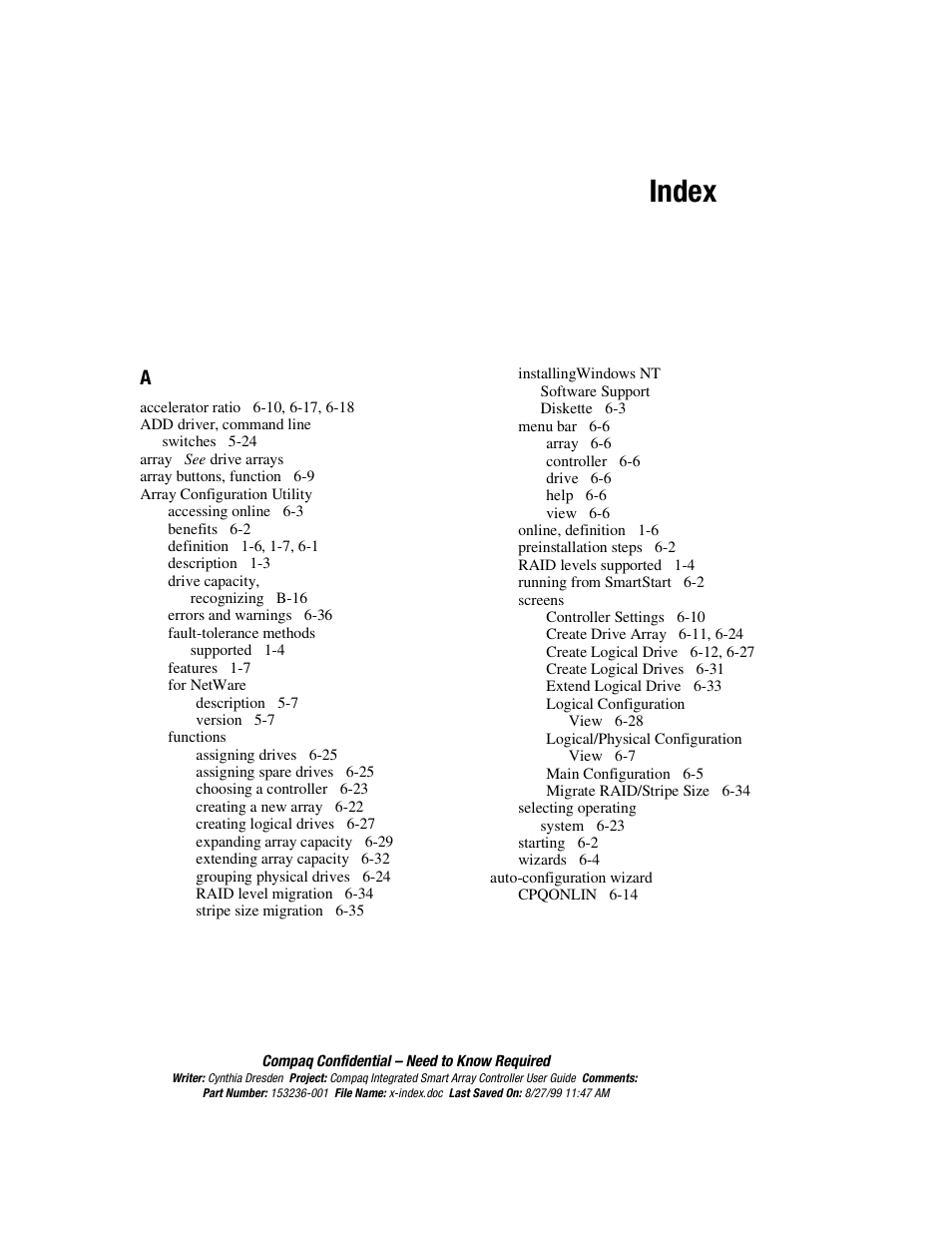 Index | HP Compaq Integrated Smart Array Controller User Manual | Page 137 / 147