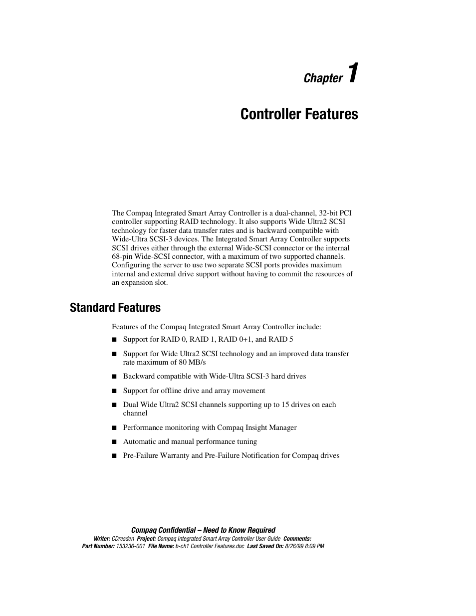 Chapter 1 controller features, Standard features, Chapter 1 | Controller features, Standard features -1, Chapter | HP Compaq Integrated Smart Array Controller User Manual | Page 15 / 147