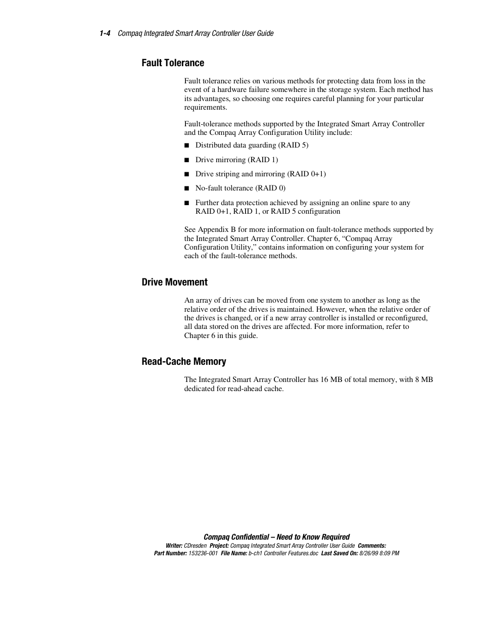 Fault tolerance, Drive movement, Read-cache memory | HP Compaq Integrated Smart Array Controller User Manual | Page 18 / 147