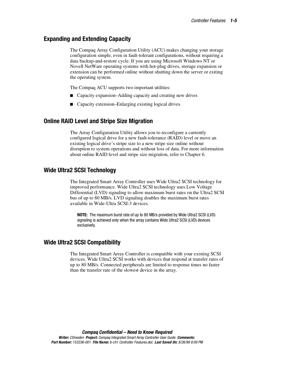 Expanding and extending capacity, Online raid level and stripe size migration, Wide ultra2 scsi technology | Wide ultra2 scsi compatibility | HP Compaq Integrated Smart Array Controller User Manual | Page 19 / 147