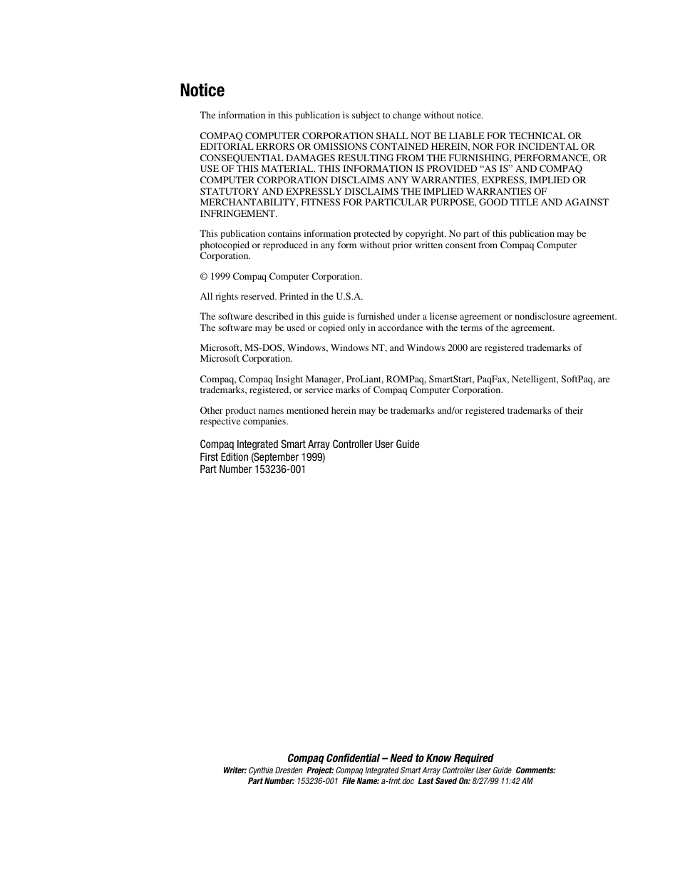 Notice | HP Compaq Integrated Smart Array Controller User Manual | Page 2 / 147
