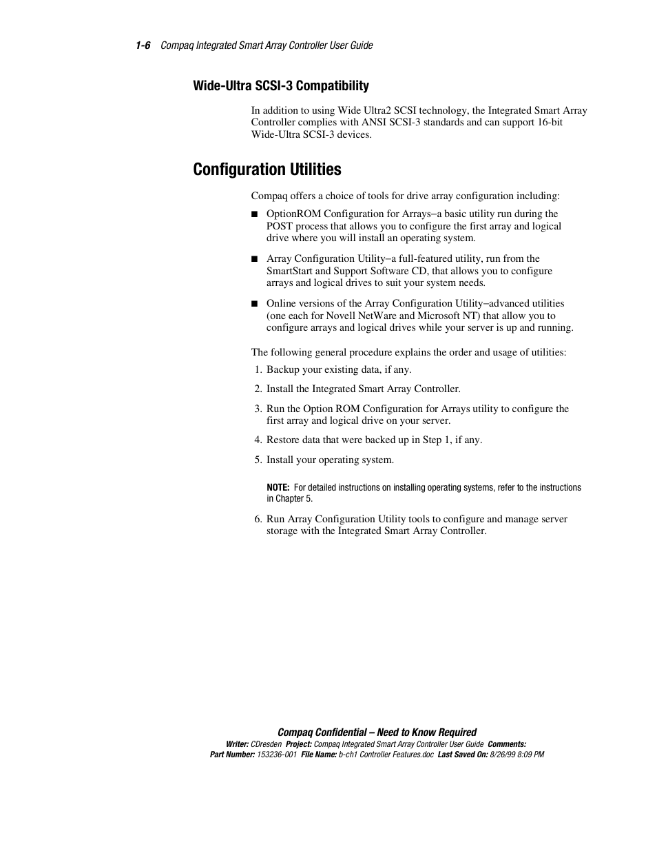 Wide-ultra scsi-3 compatibility, Configuration utilities, Wide-ultra scsi-3 compatibility -6 | Configuration utilities -6 | HP Compaq Integrated Smart Array Controller User Manual | Page 20 / 147
