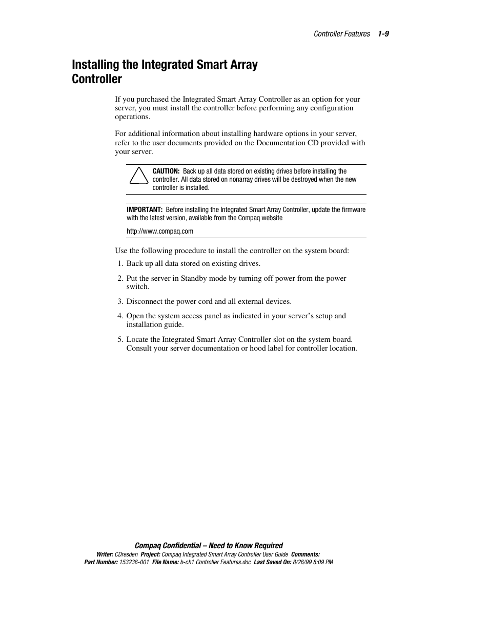 Installing the integrated smart array controller | HP Compaq Integrated Smart Array Controller User Manual | Page 23 / 147