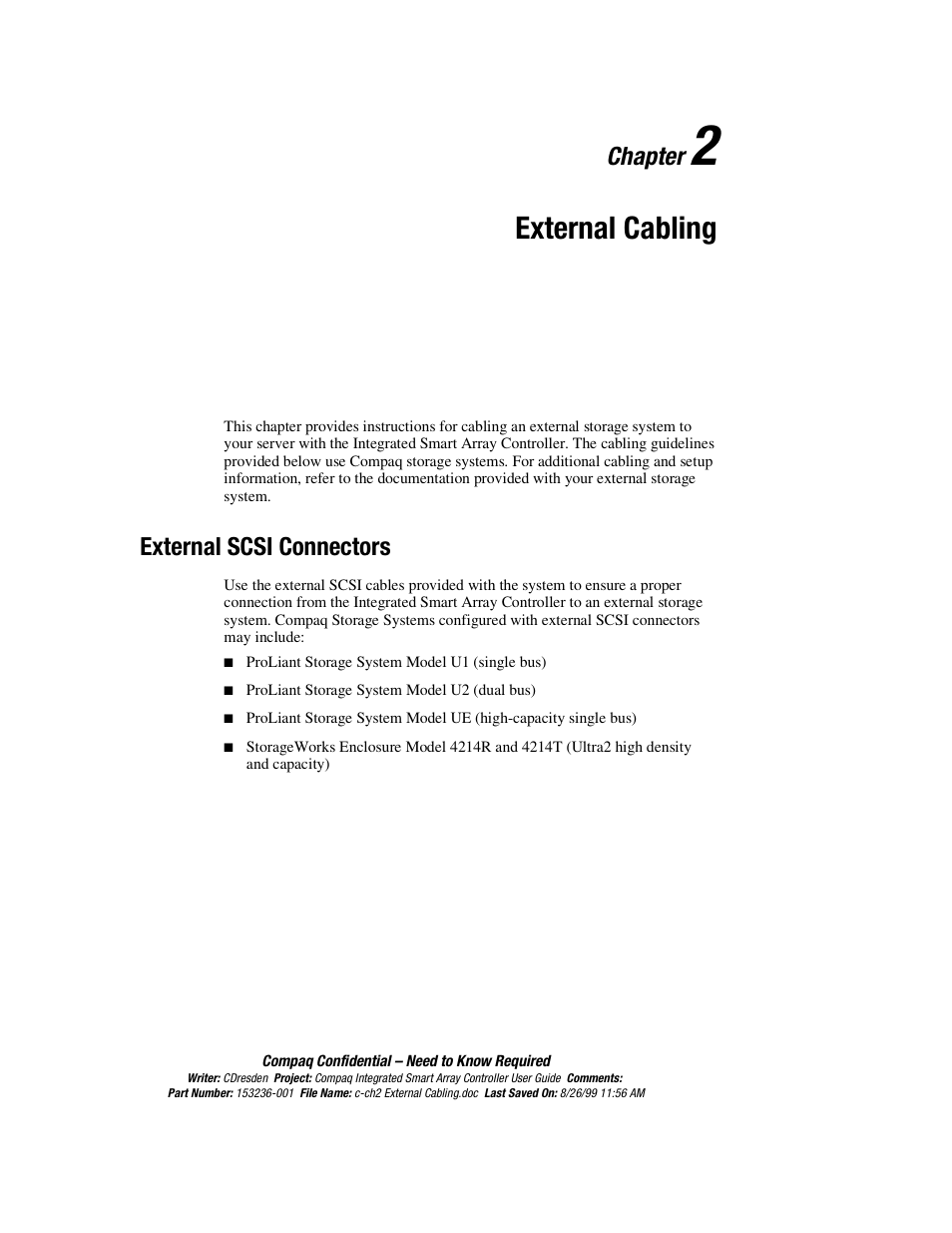Chapter 2 external cabling, External scsi connectors, Chapter 2 | External cabling, External scsi connectors -1, Chapter | HP Compaq Integrated Smart Array Controller User Manual | Page 25 / 147