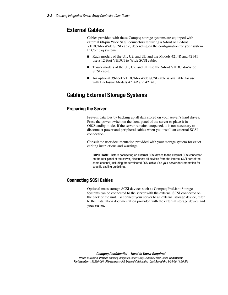 External cables, Cabling external storage systems, Preparing the server | Connecting scsi cables, Preparing the server -2 connecting scsi cables -2 | HP Compaq Integrated Smart Array Controller User Manual | Page 26 / 147