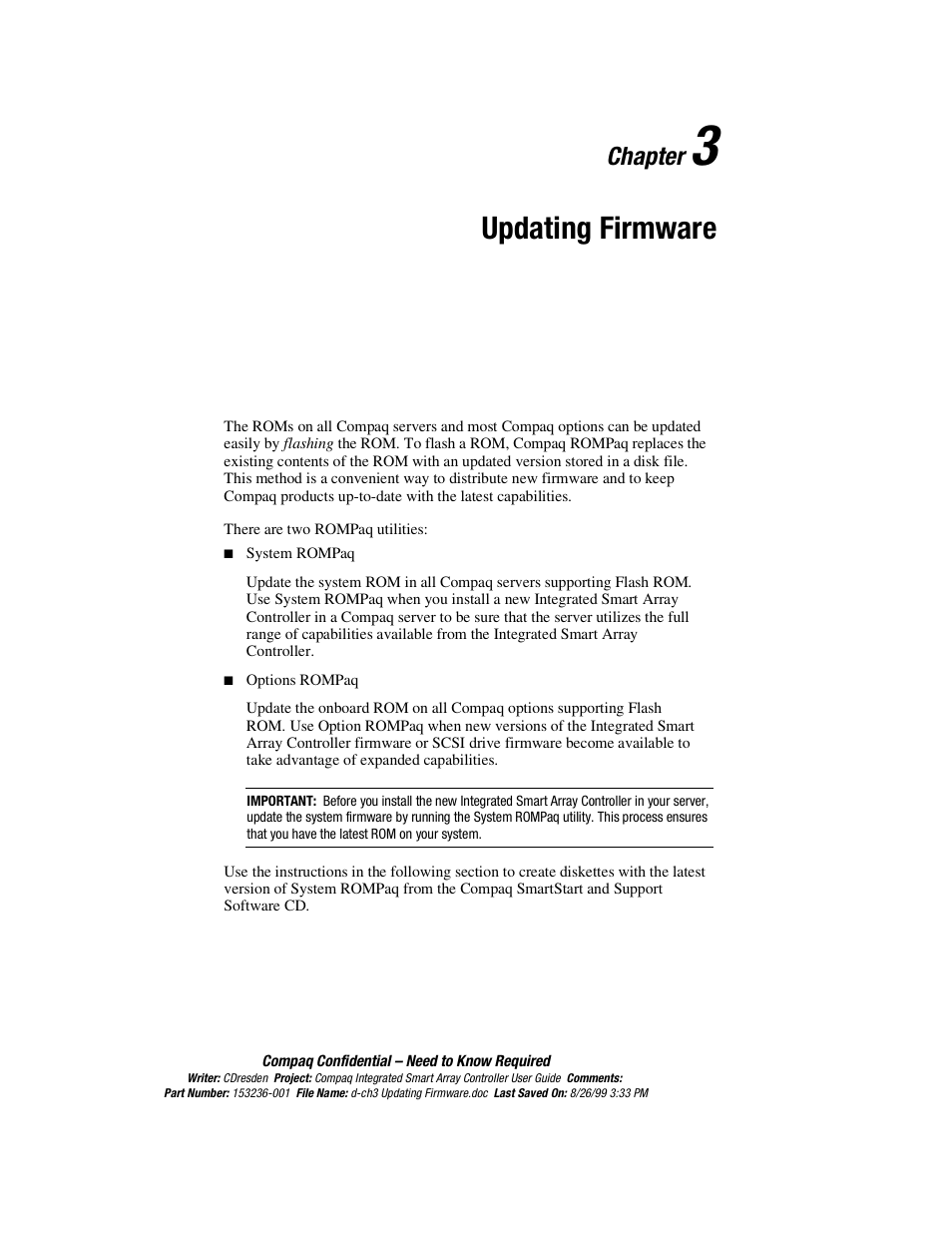 Chapter 3 updating firmware, Chapter 3, Updating firmware | Chapter | HP Compaq Integrated Smart Array Controller User Manual | Page 29 / 147