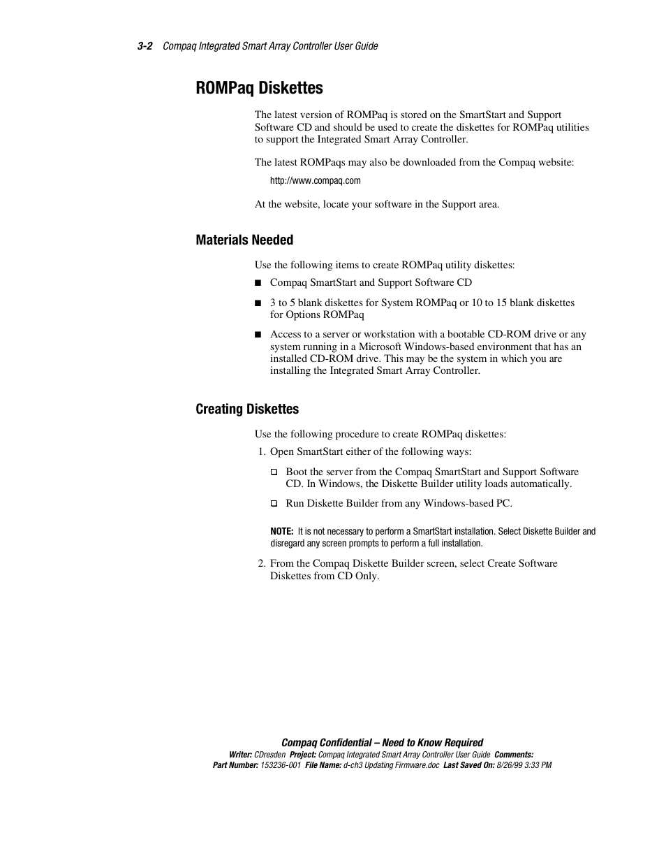 Rompaq diskettes, Materials needed, Creating diskettes | Rompaq diskettes -2, Materials needed -2 creating diskettes -2 | HP Compaq Integrated Smart Array Controller User Manual | Page 30 / 147