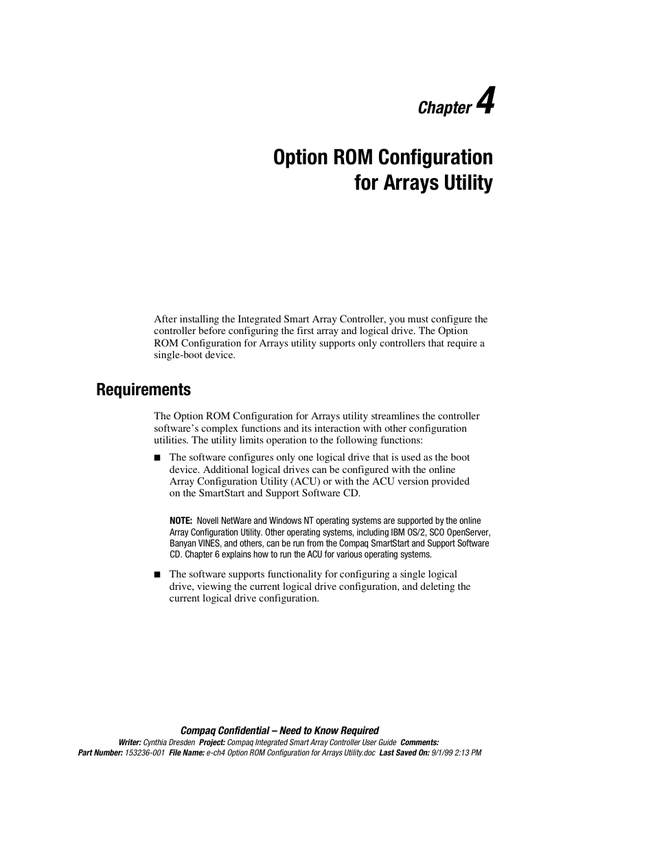 Requirements, Chapter 4, Option rom configuration for arrays utility | Requirements -1, Chapter | HP Compaq Integrated Smart Array Controller User Manual | Page 35 / 147