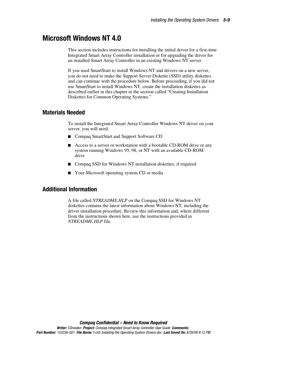 Microsoft windows nt 4.0, Materials needed, Additional information | Microsoft windows nt 4.0 -9, Materials needed -9 additional information -9 | HP Compaq Integrated Smart Array Controller User Manual | Page 49 / 147
