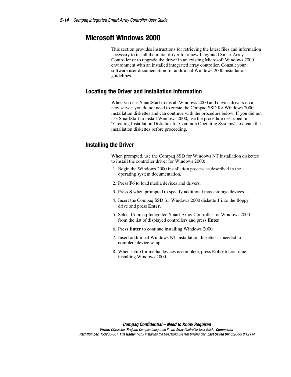 Microsoft windows 2000, Locating the driver and installation information, Installing the driver | Microsoft windows 2000 -14 | HP Compaq Integrated Smart Array Controller User Manual | Page 54 / 147