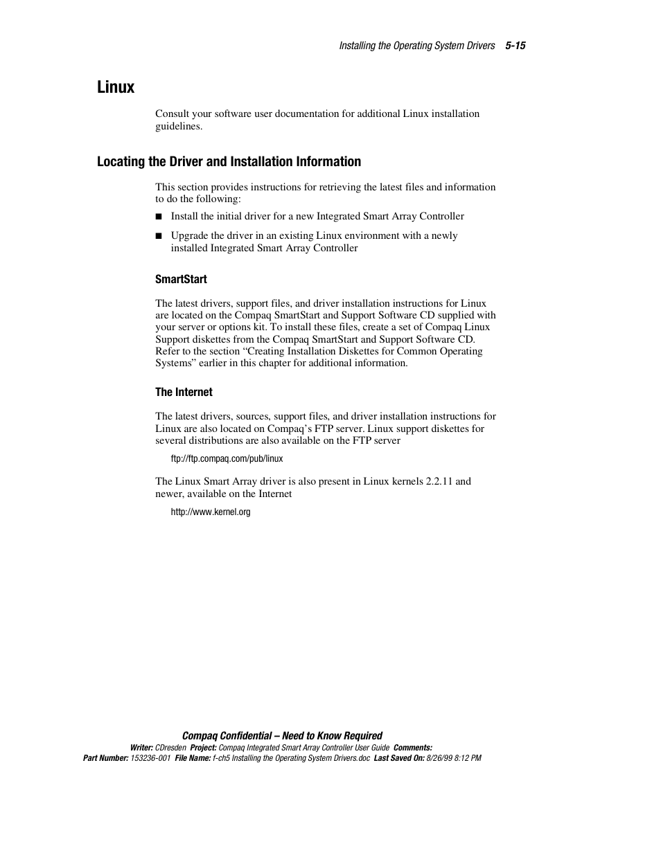 Linux, Locating the driver and installation information, Linux -15 | HP Compaq Integrated Smart Array Controller User Manual | Page 55 / 147