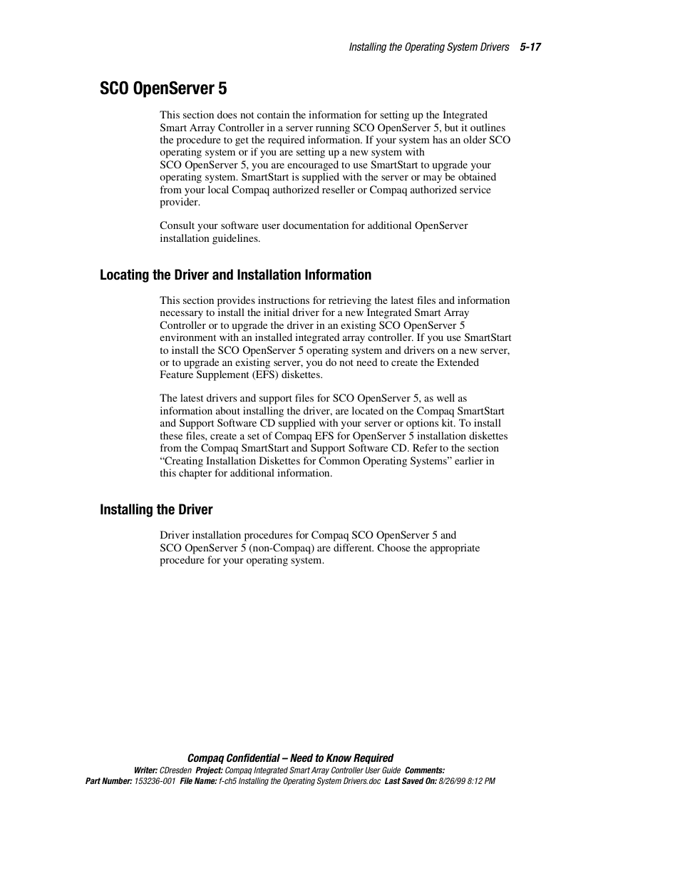 Sco openserver 5, Locating the driver and installation information, Installing the driver | Sco openserver 5 -17 | HP Compaq Integrated Smart Array Controller User Manual | Page 57 / 147