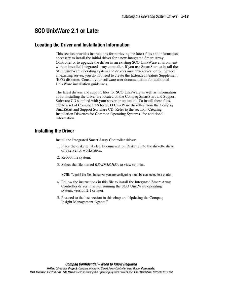 Sco unixware 2.1 or later, Locating the driver and installation information, Installing the driver | Sco unixware 2.1 or later -19 | HP Compaq Integrated Smart Array Controller User Manual | Page 59 / 147
