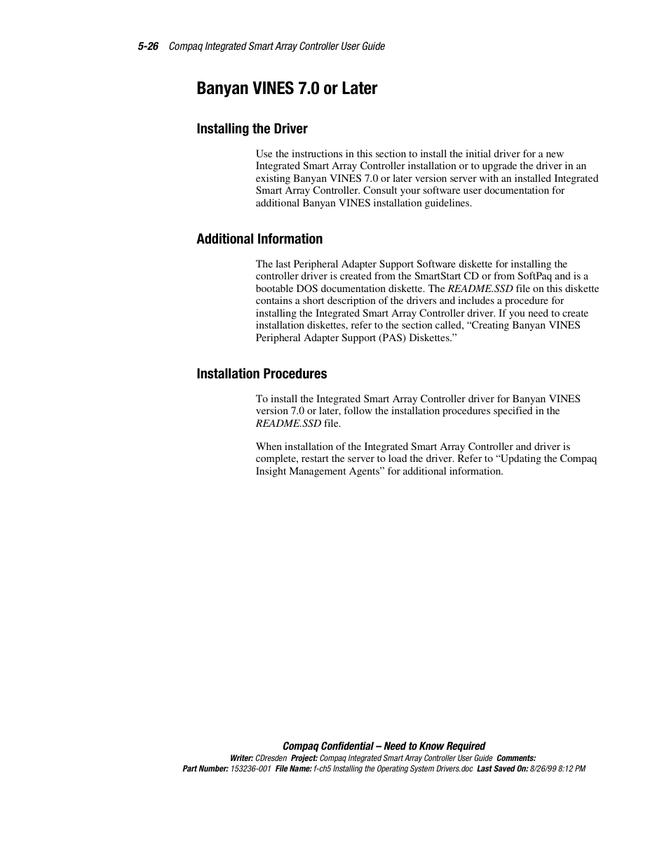 Banyan vines 7.0 or later, Installing the driver, Additional information | Installation procedures, Banyan vines 7.0 or later -26 | HP Compaq Integrated Smart Array Controller User Manual | Page 66 / 147